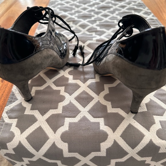 Grey suede and black leather open toe booties. Very chic! - Picture 2 of 3
